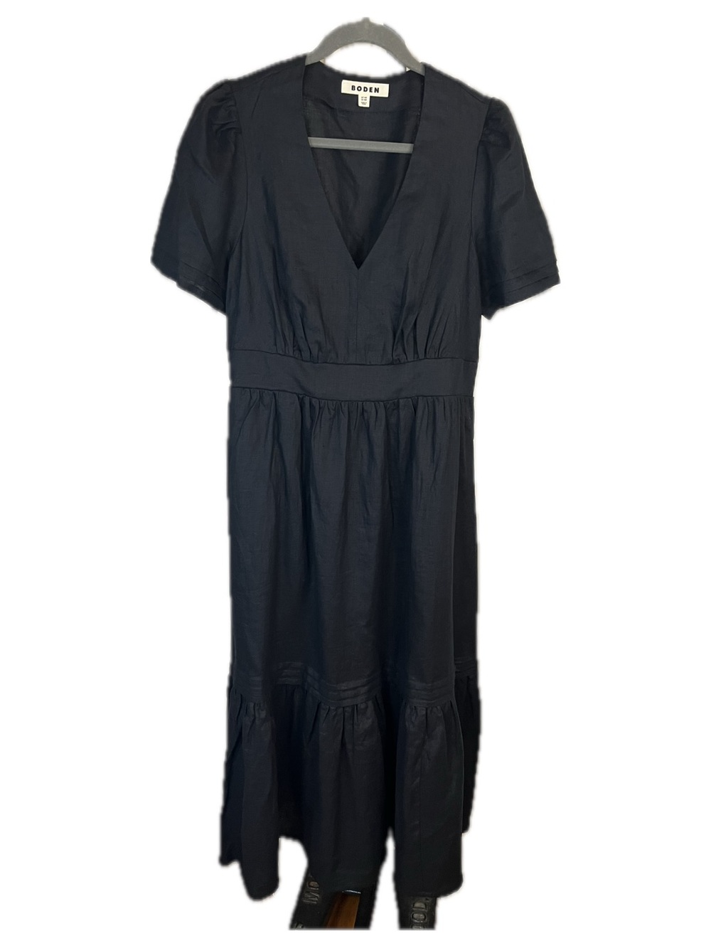 Boden Lavinia Black Linen V-Neck Tiered Midi Dress
